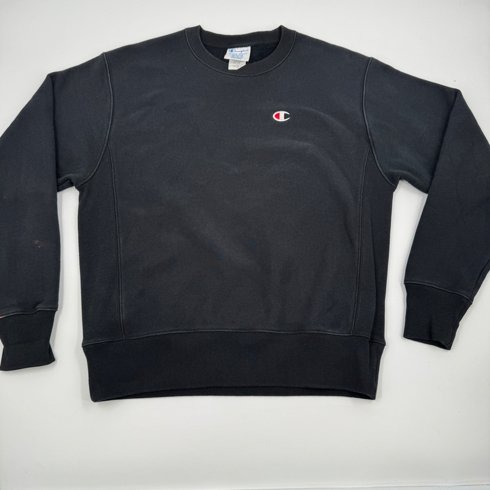 Champion Reverse Weave Sweatshirt Men Medium Black Crewneck Fleece Pullover Logo